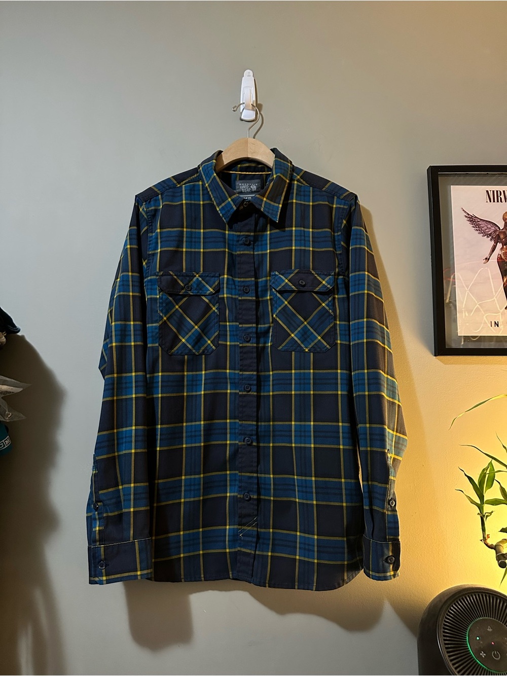Mountain Hardwear Navy and Yellow Plaid Button-Down Shirt